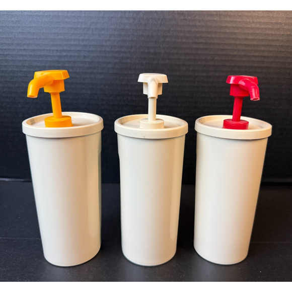 Vtg Tupperware Pump Dispensers Condiments Ketchup Mayo Mustard Set Of 3 *READ - Picture 1 of 12